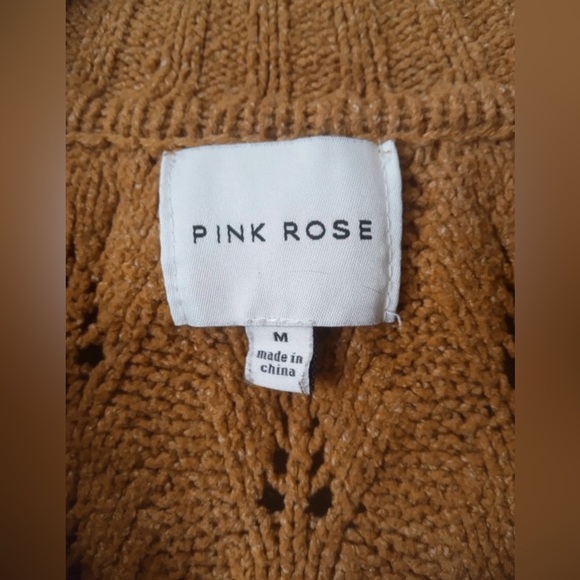 Pink Rose Camel Brown Open Knit Collared Cropped Sweater - Size M - Picture 9 of 10